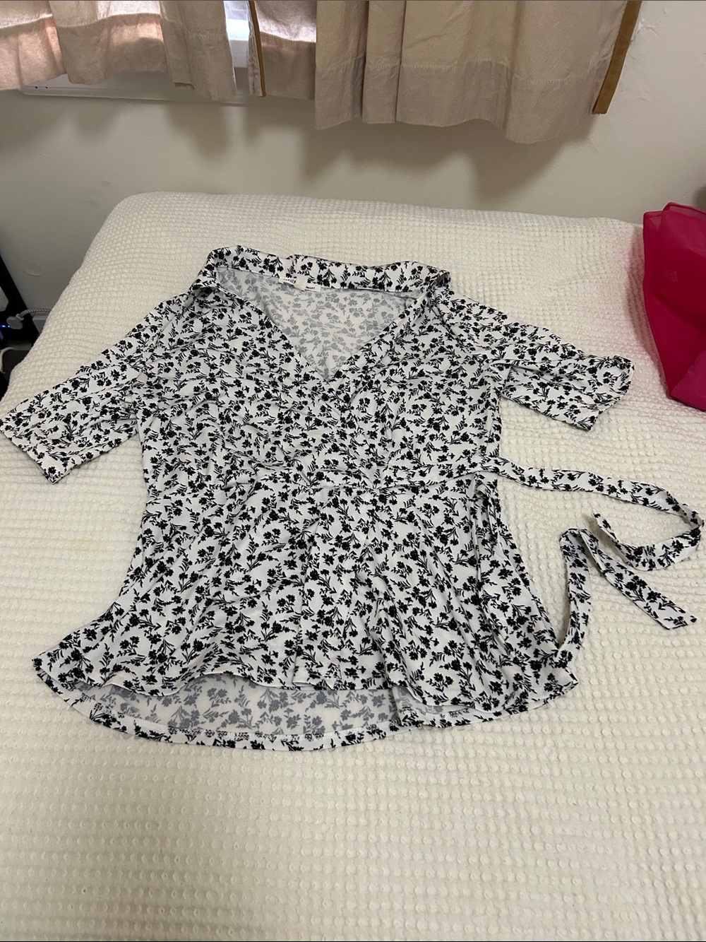 Women's Black & White Floral Wrap Top - Classic V-Neck Style